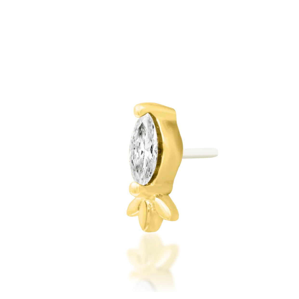 Junipurr Rana 14k yellow gold threadless end with marquise-cut white cubic zirconia, angled view for curated ear styling