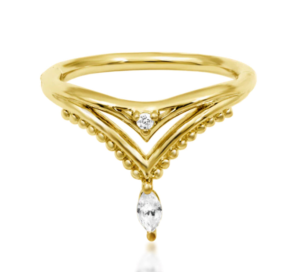 Junipurr Reina 16g hinge segment charm ring in solid 14k gold with crown charm, suitable for conch piercings, featuring precision hinge for secure wear.