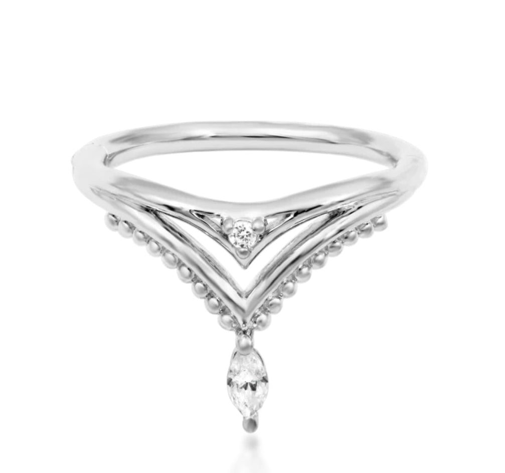 Junipurr Reina 16g hinge segment charm ring in solid 14k gold with crown charm, suitable for conch piercings, featuring precision hinge for secure wear.