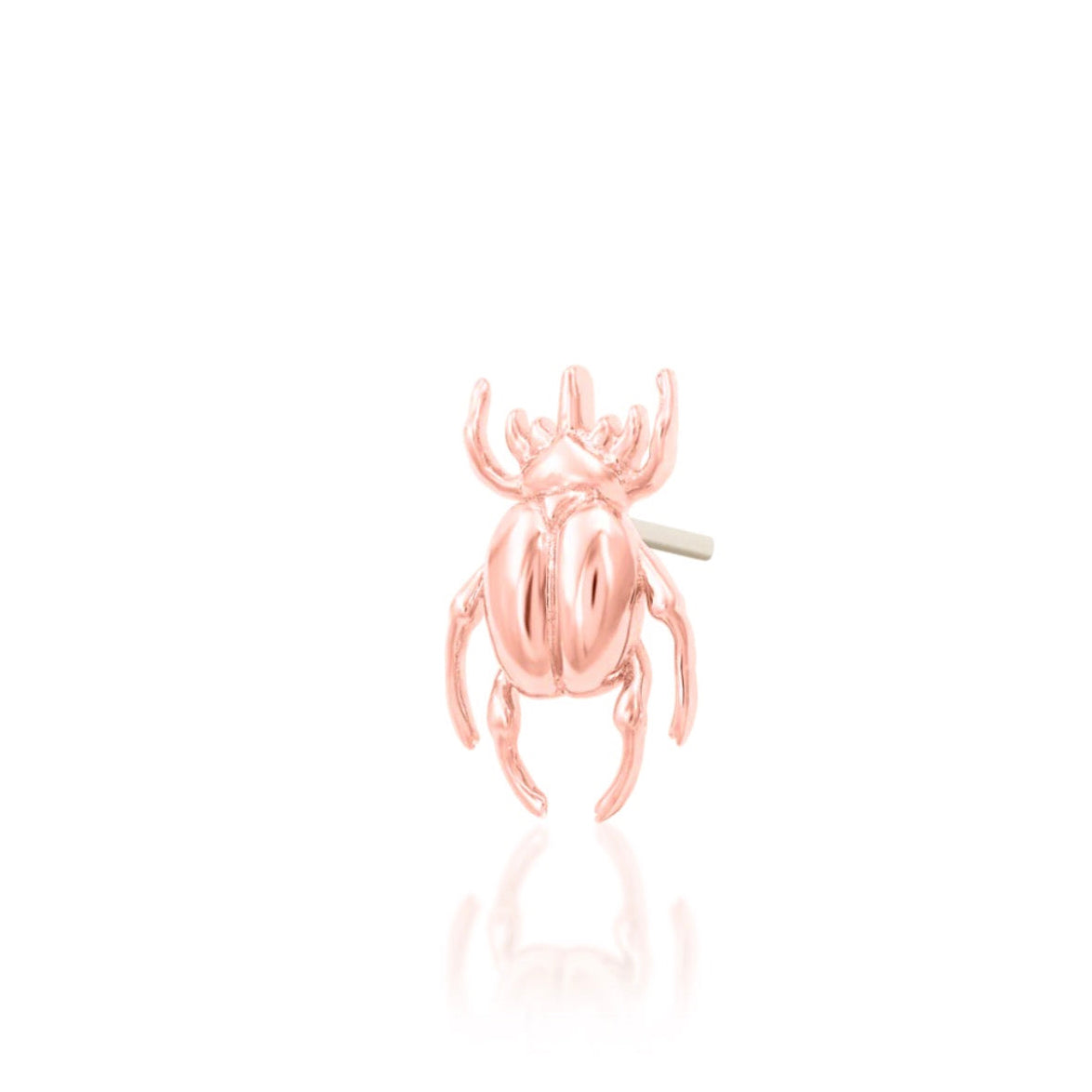 Junipurr Rhino Beetle 14k rose gold beetle threadless end angled view with detailed sculptural finish