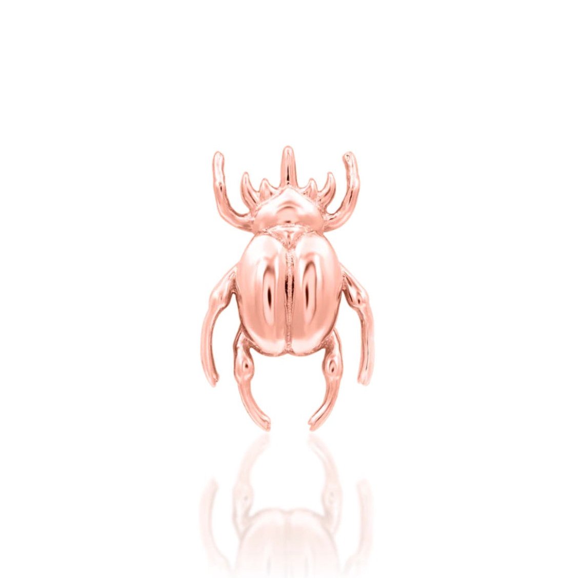 Junipurr Rhino Beetle 14k rose gold threadless end with sculptural insect detailing, front view for curated ear jewellery