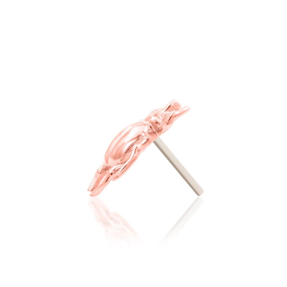 Side profile of Junipurr Rhino Beetle 14k rose gold threadless end with sculptural organic detailing