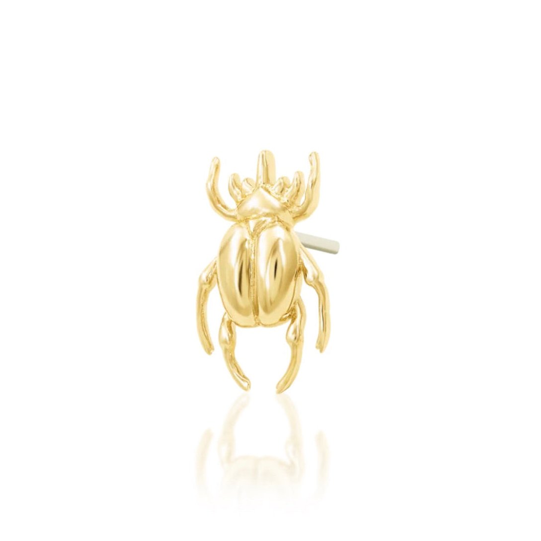 Junipurr Rhino Beetle 14k yellow gold decorative end angled view with regal entomology-inspired styling for curated ears