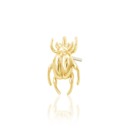 Junipurr Rhino Beetle 14k yellow gold decorative end angled view with regal entomology-inspired styling for curated ears