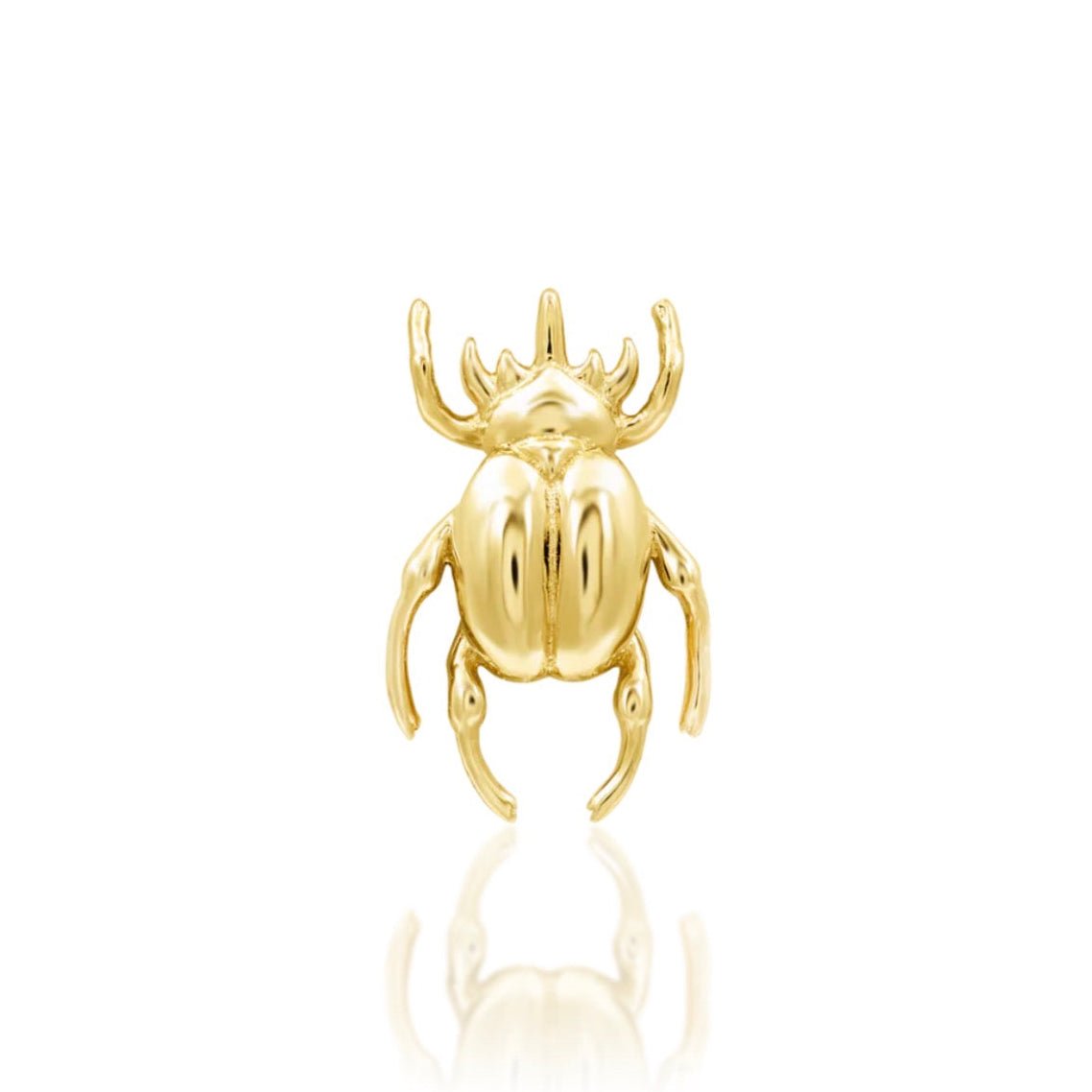 Junipurr Rhino Beetle 14k yellow gold threadless end with sculptural insect-inspired detailing, front view for helix and conch piercing jewellery
