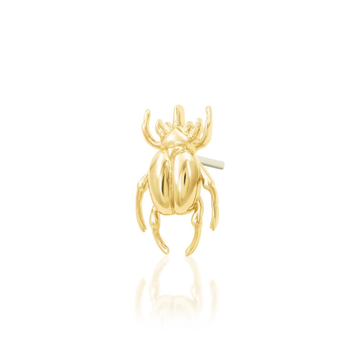 Junipurr Rhino Beetle 14k yellow gold beetle threadless end with detailed sculpted silhouette, angled view