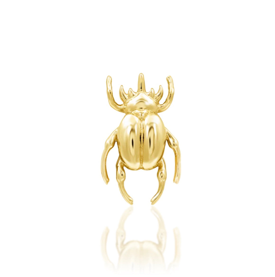 Junipurr Rhino Beetle 14k yellow gold threadless end with sculpted beetle design, front view for helix and conch piercings