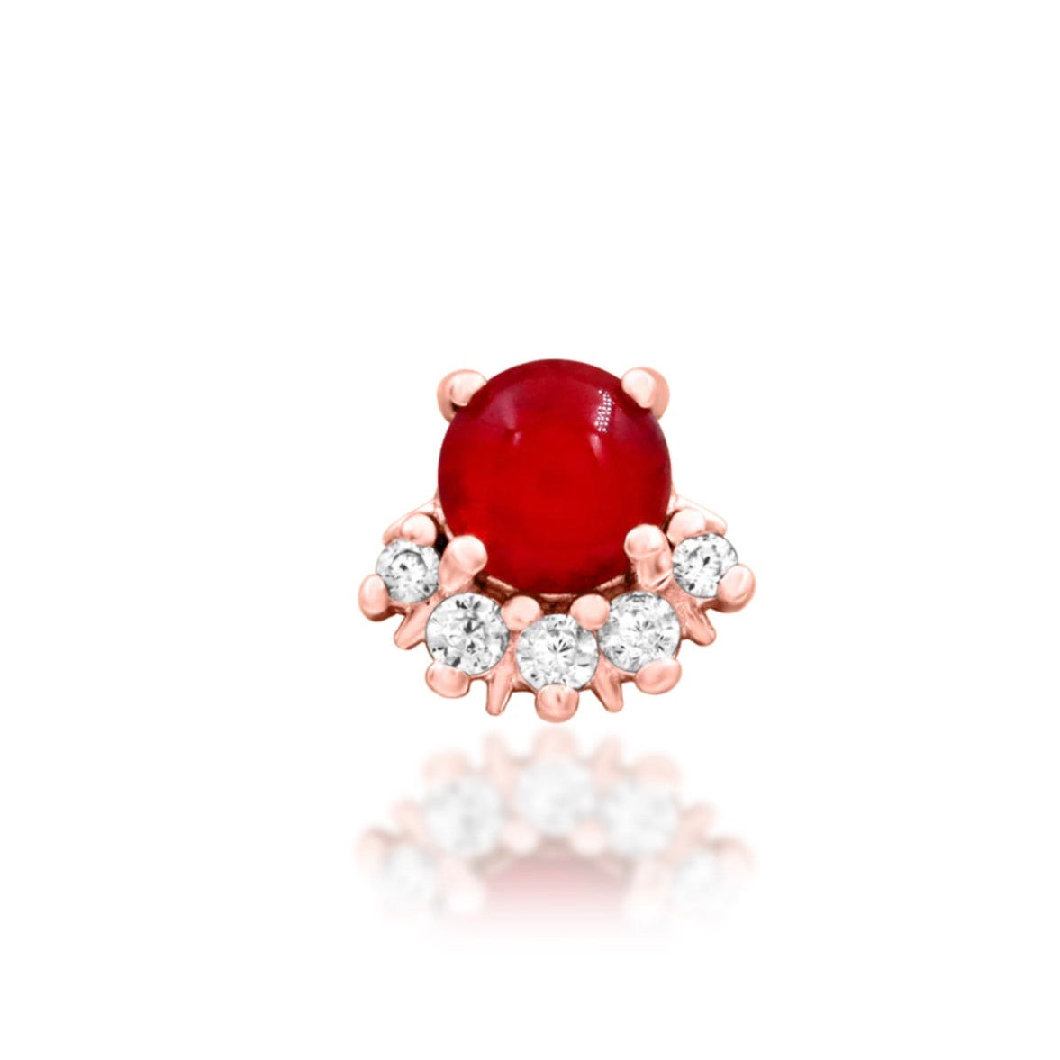 Junipurr Rolina 14k rose gold carnelian threadless end with sparkling CZ halo, front view for curated ear jewellery
