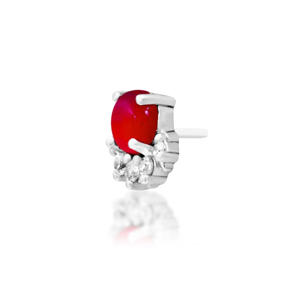 Junipurr Rolina 14k white gold carnelian and CZ halo threadless end angled view for helix jewellery styling