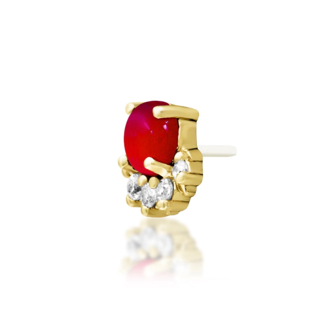Junipurr Rolina 14k yellow gold carnelian and CZ halo threadless end angled view for curated ear styling