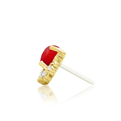 Side profile of Junipurr Rolina 14k yellow gold threadless end with deep red carnelian gemstone detailing