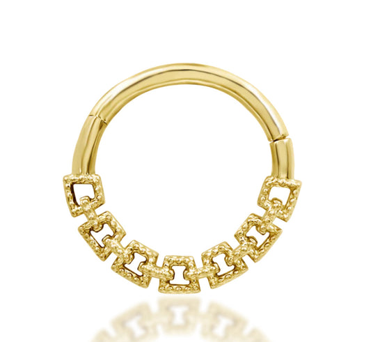 Junipurr Sasha 16g hinge segment ring in solid 14k gold, suitable for septum and daith piercings, featuring sculpted design and precision hinge for secure wear