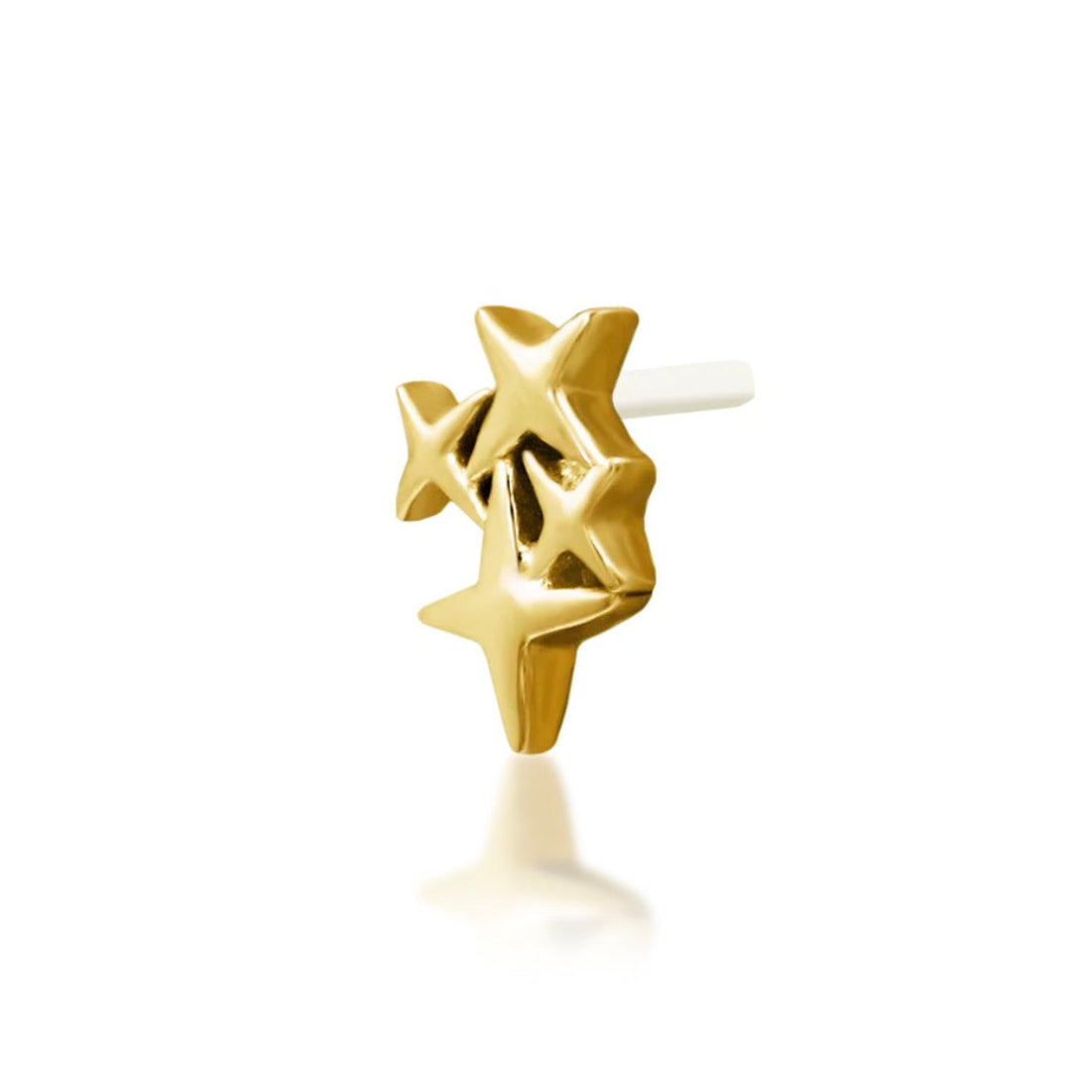 Angled view of Junipurr Seeing Stars solid 14k yellow gold four-pointed star threadless end