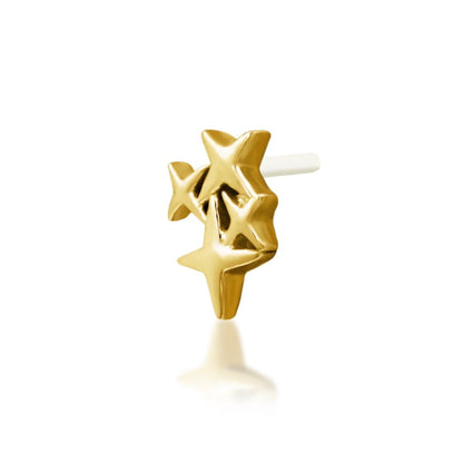 Angled view of Junipurr Seeing Stars solid 14k yellow gold four-pointed star threadless end