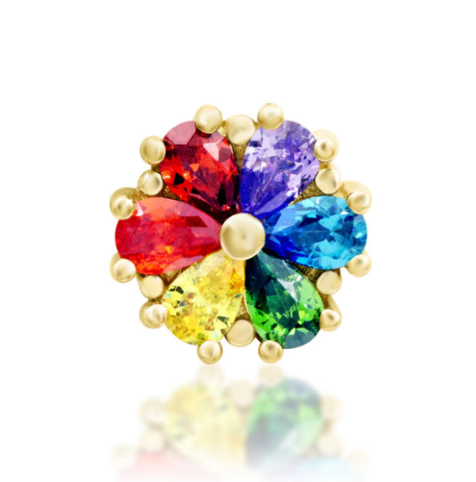 Junipurr Silvester threadless end in solid 14k gold featuring a marquise-cut gemstone framed by two round stones in a sleek, symmetrical design — perfect for lobe, helix, or conch piercings.