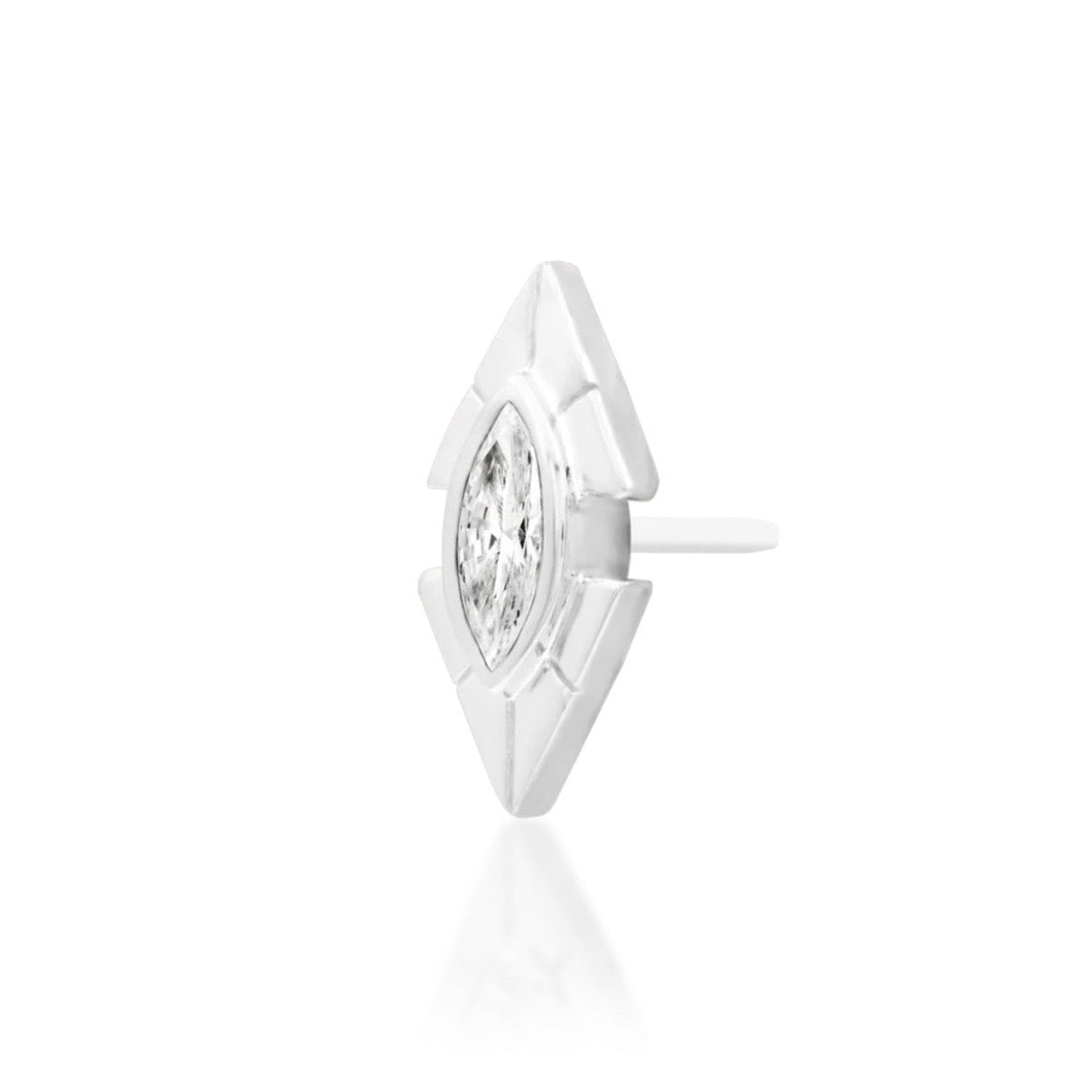 Angled view of Junipurr Sirena solid 14k white gold threadless decorative end with marquise white CZ gemstone