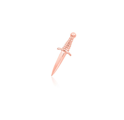 Junipurr Staring Daggers 14k rose gold dagger threadless end with carved detailing, front view for curated ear styling