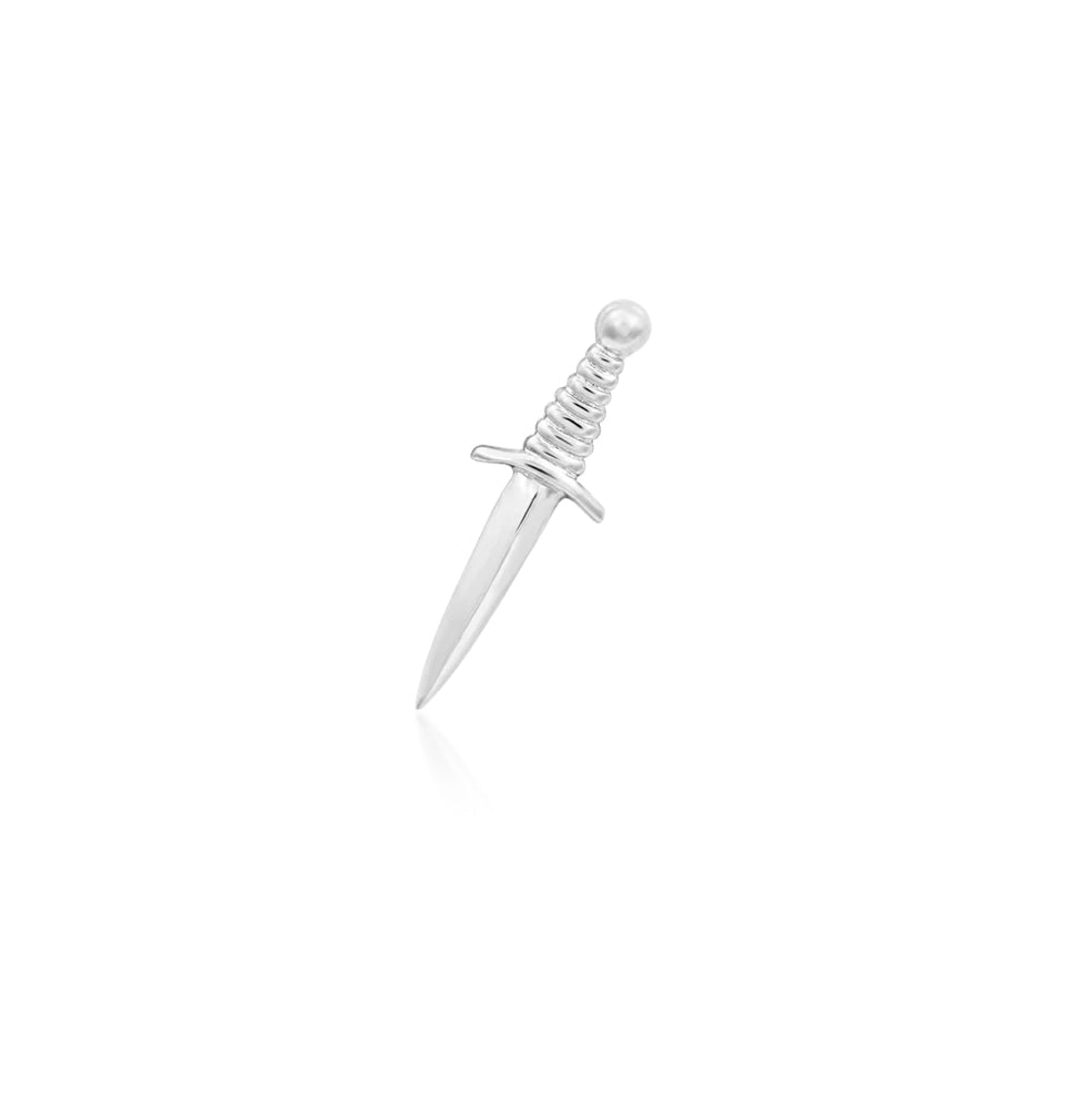 Junipurr Staring Daggers 14k white gold dagger threadless end with carved detailing, front view for helix piercings