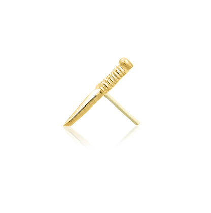 Junipurr Staring Daggers 14k yellow gold dagger threadless end with polished carved detailing, angled view for curated ear styling