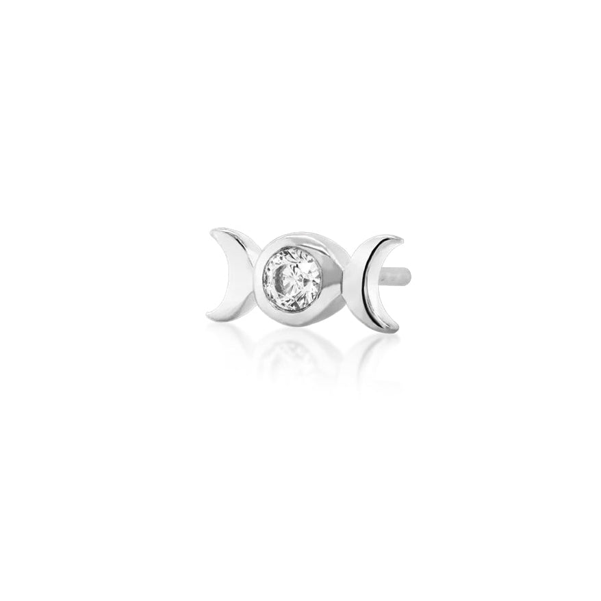 Angled view of Junipurr Tauriel solid 14k white gold threadless decorative end with celestial moon detailing and cubic zirconia sparkle