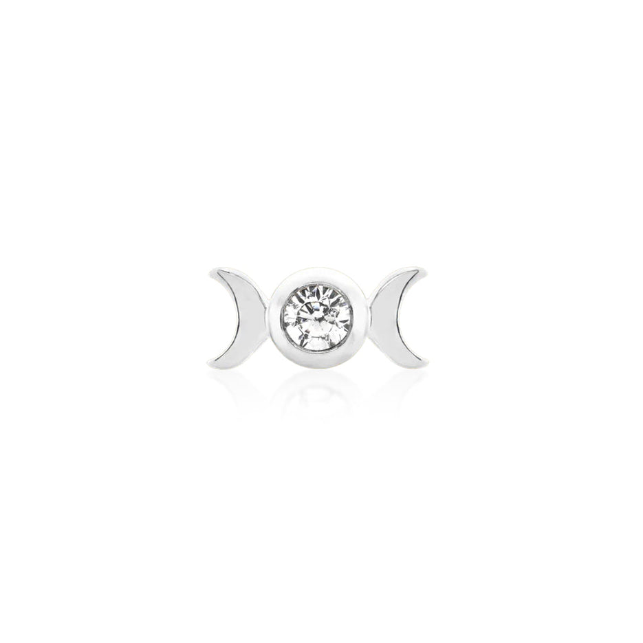 Junipurr Tauriel solid 14k white gold threadless decorative end featuring a bezel-set cubic zirconia between two crescent moons, front view for luxury piercing jewellery