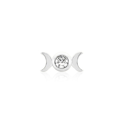 Junipurr Tauriel solid 14k white gold threadless decorative end featuring a bezel-set cubic zirconia between two crescent moons, front view for luxury piercing jewellery
