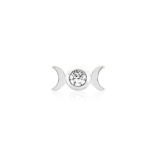Junipurr Tauriel solid 14k white gold threadless decorative end featuring a bezel-set cubic zirconia between two crescent moons, front view for luxury piercing jewellery