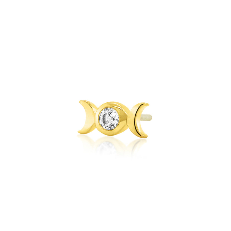 Angled view of Junipurr Tauriel solid 14k yellow gold threadless decorative end with crescent moon detailing and sparkling cubic zirconia