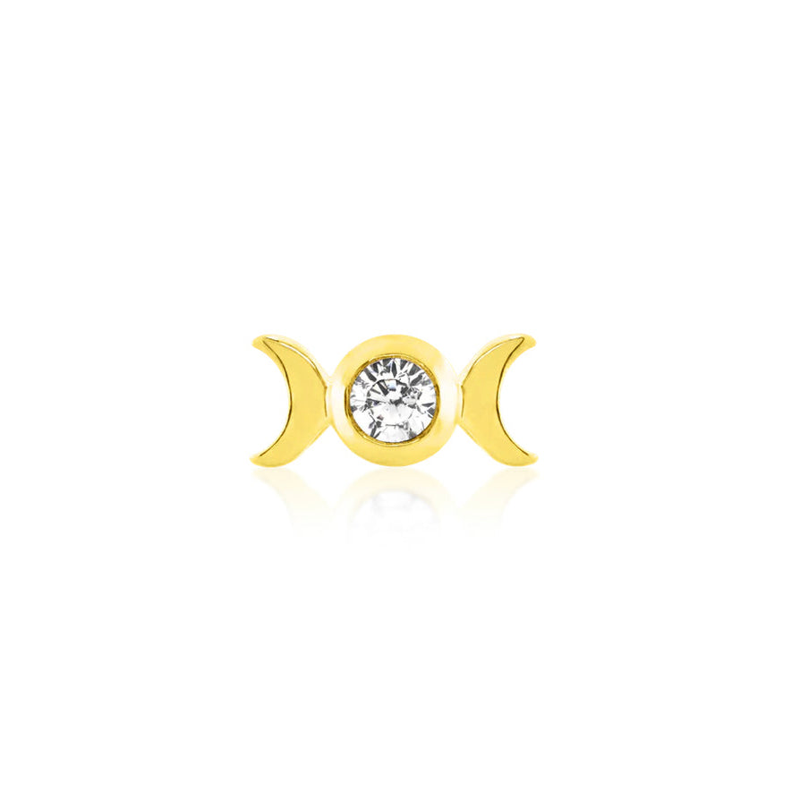 Junipurr Tauriel solid 14k yellow gold threadless decorative end featuring a bezel-set cubic zirconia between two crescent moons, front view for helix piercing jewellery
