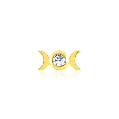 Junipurr Tauriel solid 14k yellow gold threadless decorative end featuring a bezel-set cubic zirconia between two crescent moons, front view for helix piercing jewellery