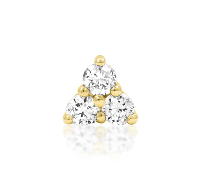 Close-up of the Junipurr Threadless Diamond Trinity 14kt Gold End featuring three lab-grown diamonds in a classic trinity design, perfect for helix, lobe, or conch piercings.