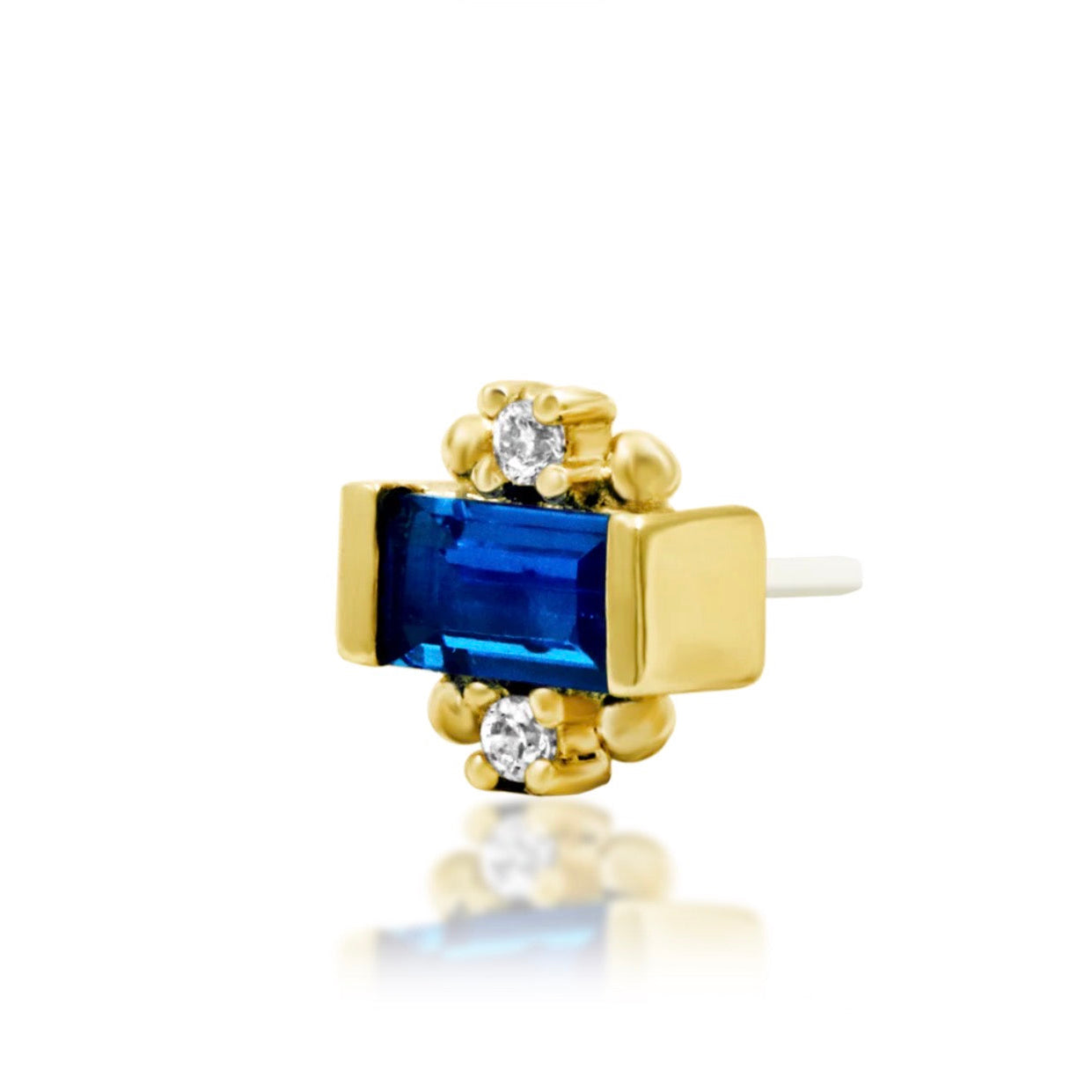 Angled view of Junipurr Tina solid 14k yellow gold threadless decorative end with blue cubic zirconia gemstones
