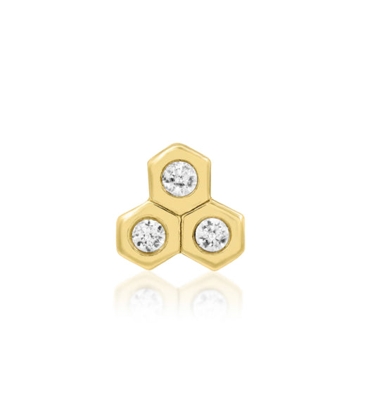 Junipurr Jewellery Tri-Hive 14kt gold threadless end with CZ gems for lobe, helix, and conch piercings in yellow gold