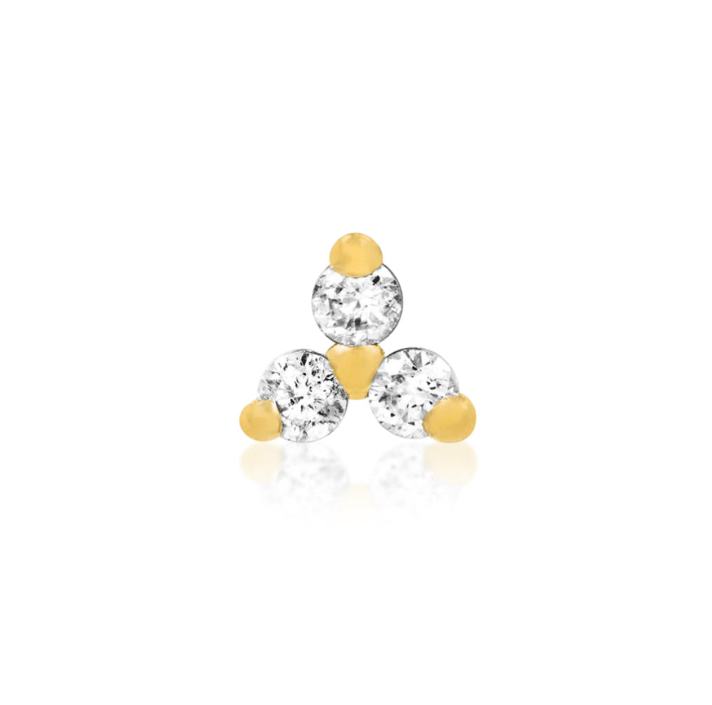 Junipurr Trinity threadless end in solid 14k yellow gold with three prong-set white CZ stones, front view.