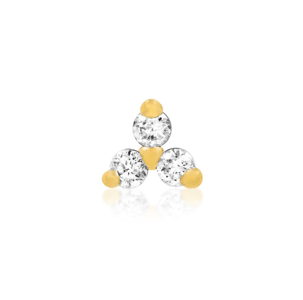 Junipurr Trinity threadless end in solid 14k yellow gold with three prong-set white CZ stones, front view.