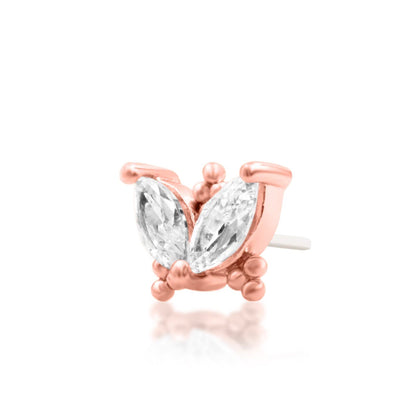 Junipurr Vander 14k rose gold CZ wing threadless end angled view for statement helix styling