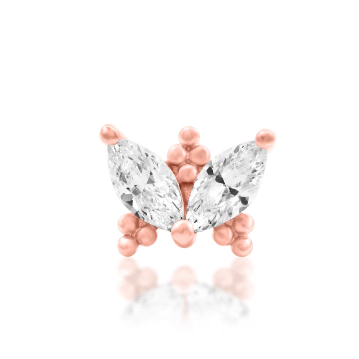Junipurr Vander 14k rose gold wing-inspired threadless end with cubic zirconia, front view for curated ear jewellery