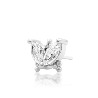 Junipurr Vander 14k white gold CZ wing threadless end angled view with elegant flowing design
