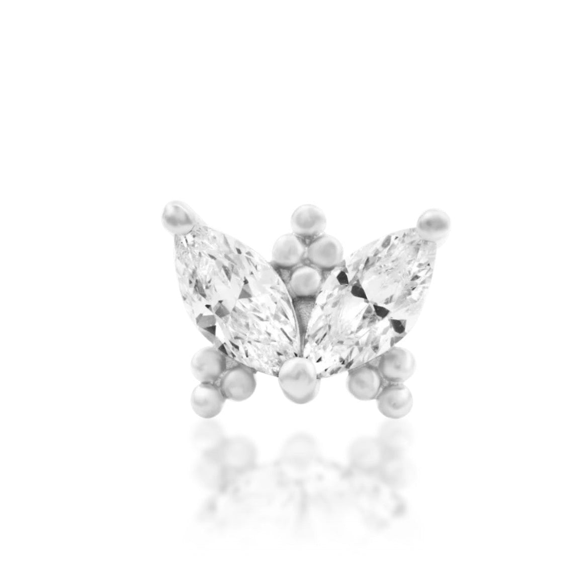 Junipurr Vander 14k white gold wing-inspired threadless end with cubic zirconia, front view for luxury piercing styling