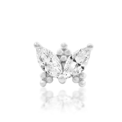Junipurr Vander 14k white gold wing-inspired threadless end with cubic zirconia, front view for luxury piercing styling