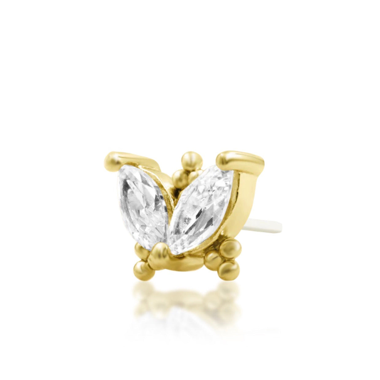 Junipurr Vander 14k yellow gold CZ wing threadless end angled view for celestial curated ear styling