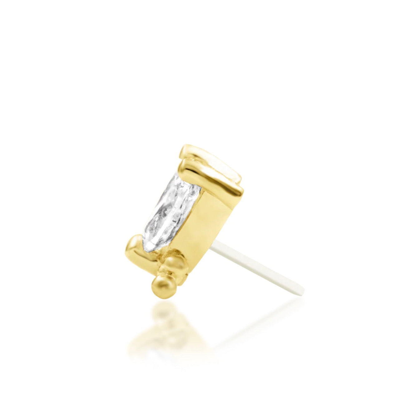 Side profile of Junipurr Vander 14k yellow gold wing-inspired threadless end with elongated gemstone detailing