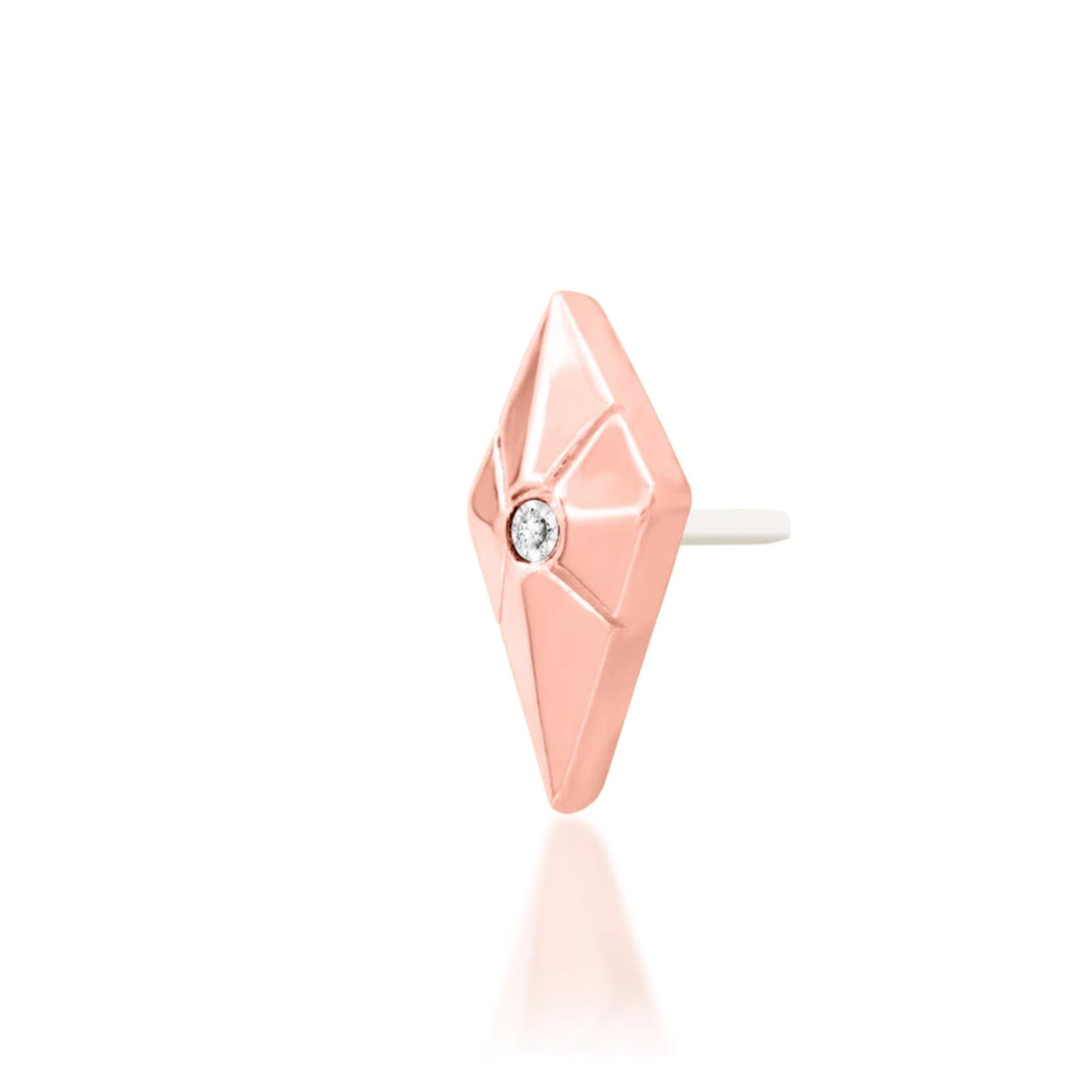 Junipurr Vesper 14k rose gold CZ threadless end angled view with elegant detailing
