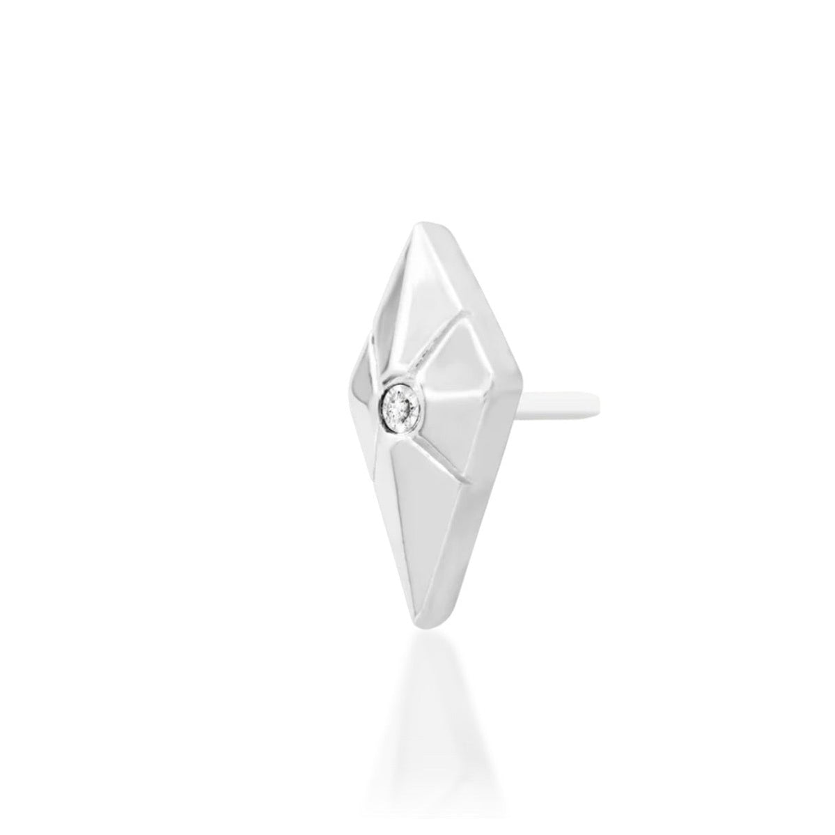 Junipurr Vesper 14k white gold CZ threadless end angled view with refined detailing