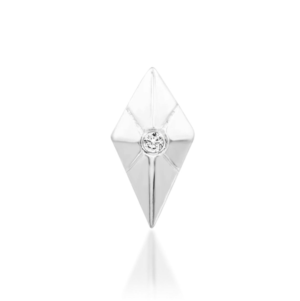 Junipurr Vesper 14k white gold threadless end with white cubic zirconia, front view for helix piercings