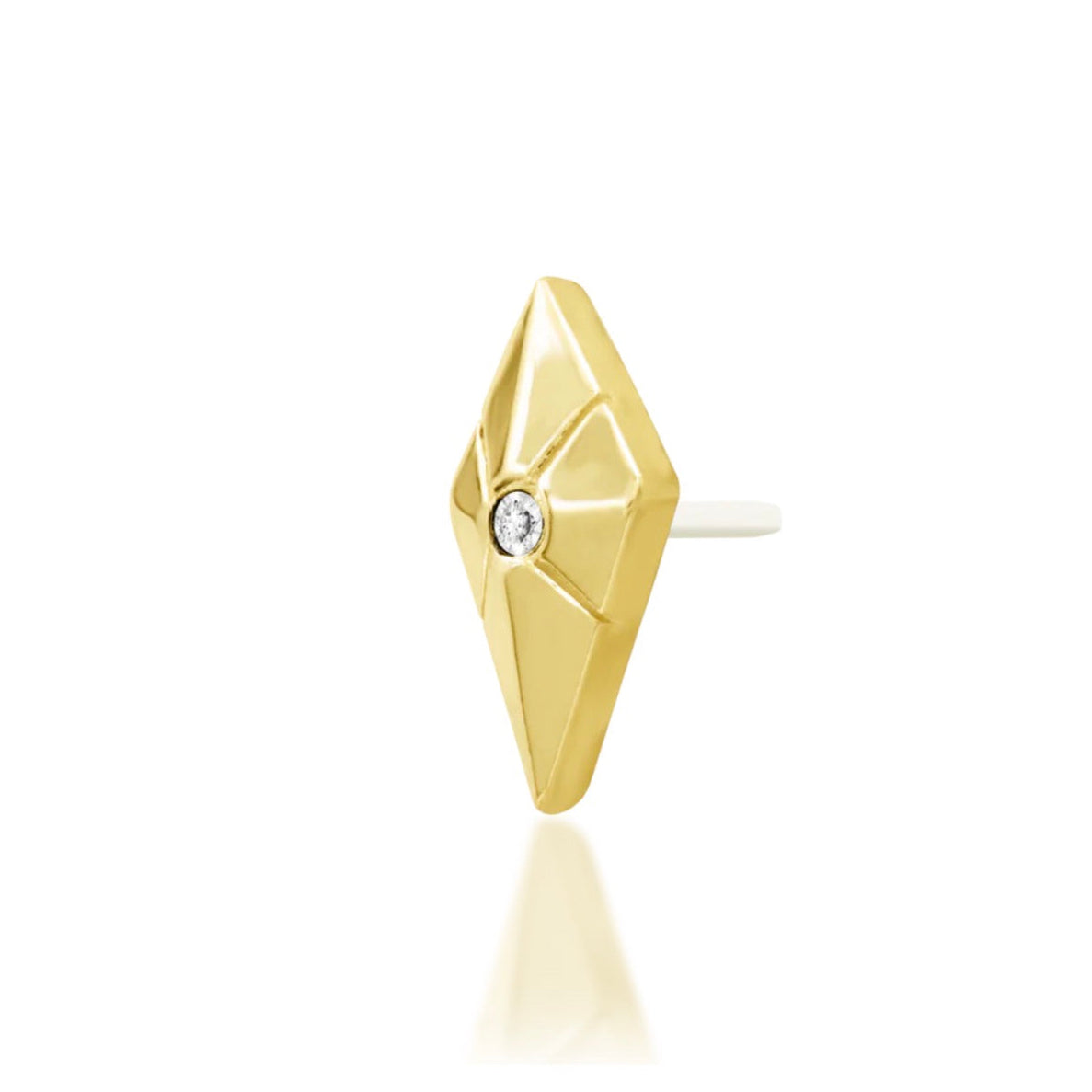 Junipurr Vesper 14k yellow gold CZ threadless end with sleek detailing, angled view for curated ear styling