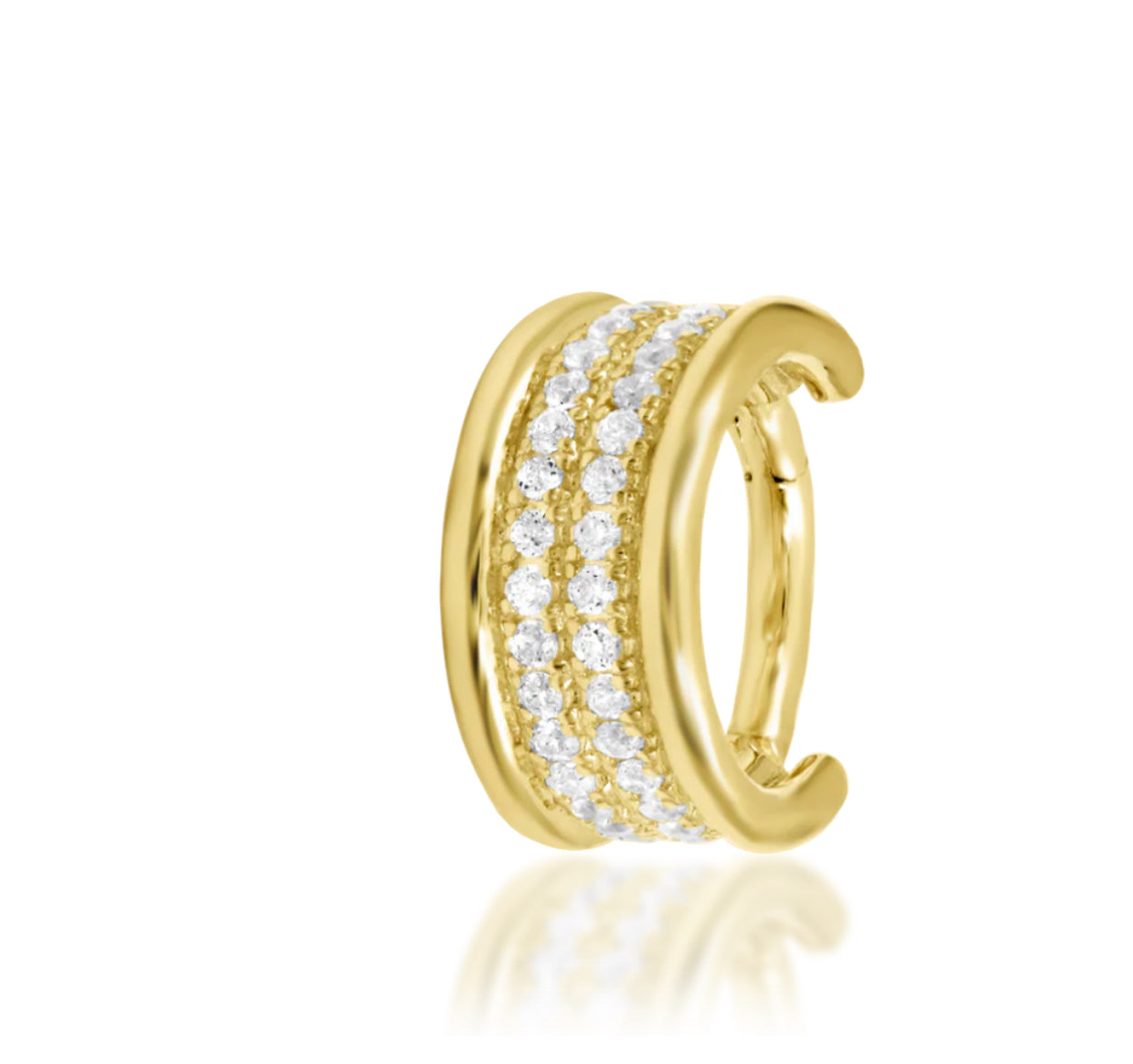 Junipurr Vivienne helix threadless end 14kt gold with purple synthetic amethyst CZ on yellow background