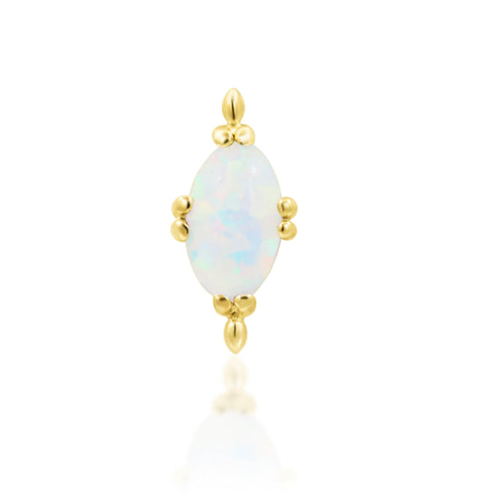 Close-up of the Junipurr Jewellery Xara Threadless End featuring a white faux opal oval cabochon surrounded by gold beads, perfect for helix, conch, or lobe piercings.