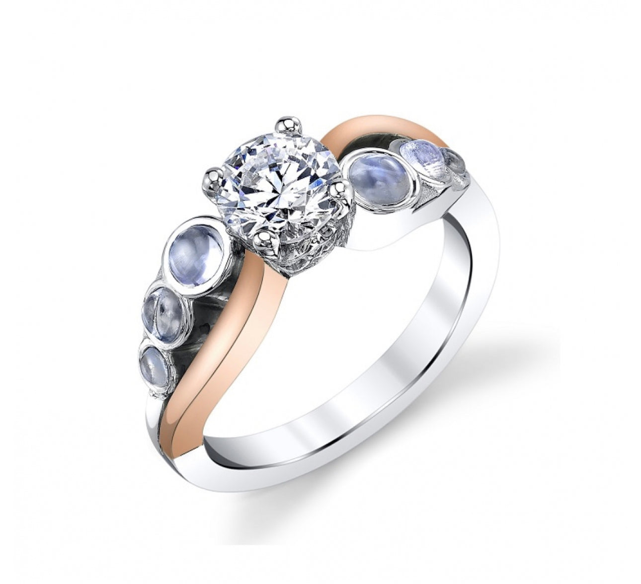 BVLA Lara engagement ring with rainbow moonstone centre stone and diamond accents in customisable gold setting designed as bespoke engagement jewellery
