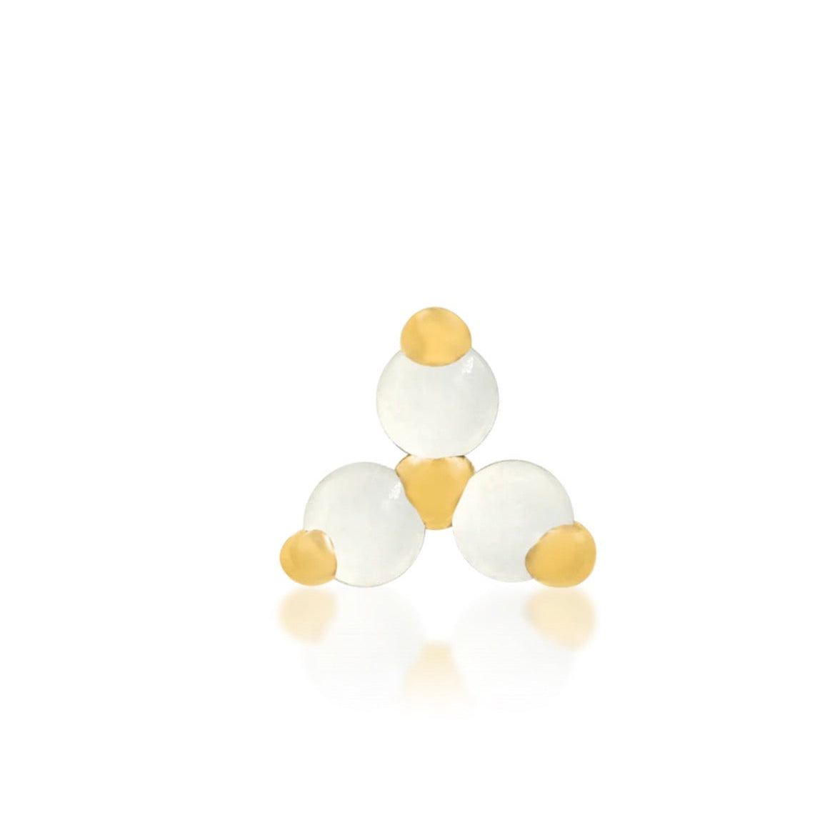 Solid 14k gold trinity stud with three synthetic moonstones designed for a threadless flat back earring.